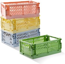 4 Pack Pastel Crates Storage Plastic Folding Basket Colorful Small Storage