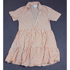 Japna Shirt Dress Womens Small Orange Striped Tiered V-Neck Short Sleeve