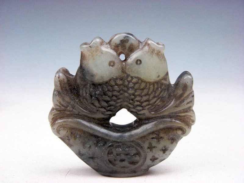 Old Nephrite Jade Stone Carved Pendant 2 Carp Fish/KOI Ingot Yuan-Bao #11092407