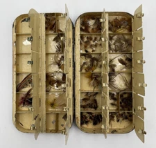 Vintage J Bernard & Son England 24 Compartment Black Japanned Fly Box w/Flies