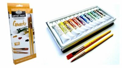 ROYAL & LANGNICKEL Artists Gouache Farbe 12er Set + 2 Pinsel Royal und Langnickel 12ml Tube GOU12