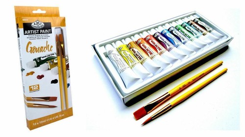 Artists Gouache Paint Set Of 12 + 2 Brushes Royal and Langnickel 12ml tube GOU12 - Picture 1 of 2