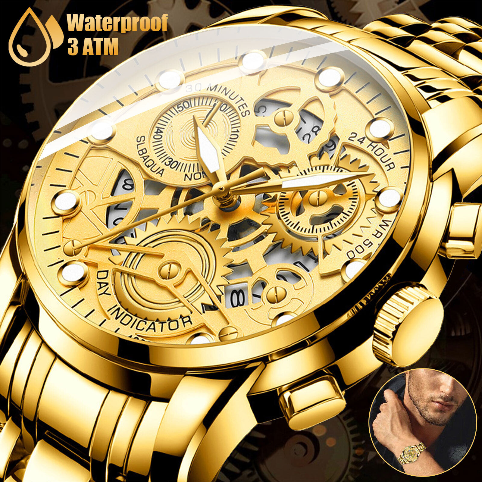 Gold Men&apos;s Watch Relojes De Hombre Waterproof Stainless Steel Luminous Classic