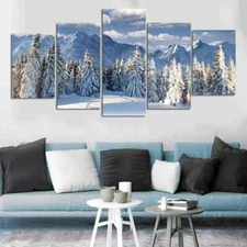 Snow Forest Winter Nature Trees Sky Mountain 5 Piece Panel Canvas Wall Art Decor
