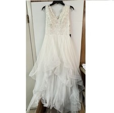 Adrianna Papell Womens 10 Ivory White Lace Tiered Hi Low Gown Dress NWT BO40