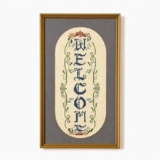 Framed Cross Stitch Welcome Gold Frame Matted Flowers Vertical Frame Handmade