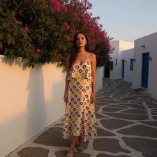 BLU MOON By PLANET BLUE Silk Maxi Slip Dress Ruffle Geo Print Sz S Vacation Y2K