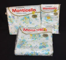 NOS Vintage 1970's Cannon Monticello Bed Sheet Set Full Double Floral Flower Mod