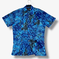 Vintage 70s Aloha Hawaiian Shirt Mens M Abstract Artsy Beach Vacation Blue