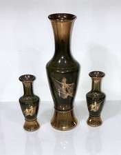 Set of 3 MCM 1960's Wheaton Ware Smoke Glass Gold Spirograph Vases - 2 Bud Vases