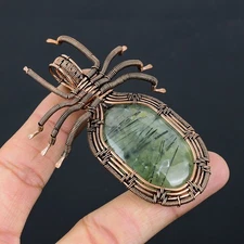 Moss Prehnite Gemstone Handmade Copper Wire Wrap Spider Pendant 2.56" V358