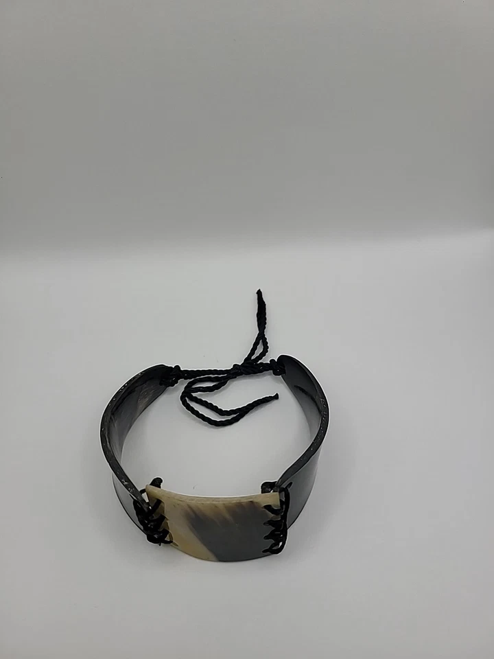 Vintage Handcrafted Natural Horn Cuff Bracelet Boho Tribal Style with Cord Lace - Image 4 of 4