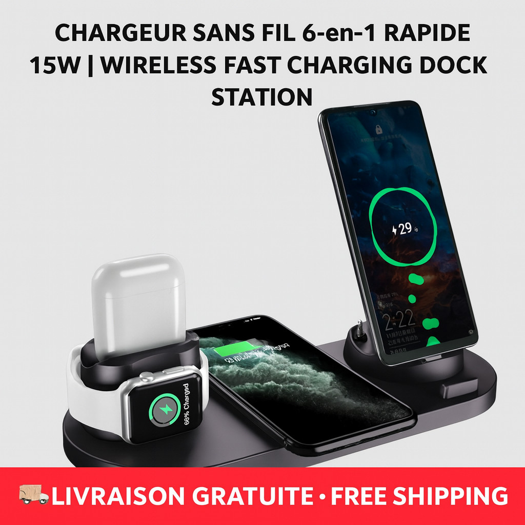 Chargeur sans fil 6-en-1 station de recharge rapide 15W noire pour smartphone et ecouteurs