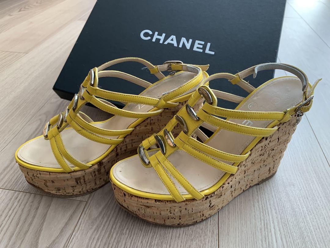 Chanel Yellow Wedge Sole Sandals with Coco Mark Size 36 US for Women