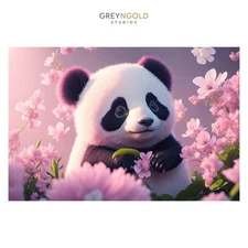 Cute Panda in Pink Flowers Poster Wall Art Print pick size A4/A3/A2/90x60cm