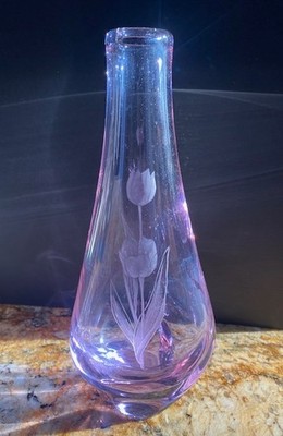 Vintage Johansfors Swedish Amethyst Vase Acid Etched Tulips J.K. Signed 10 