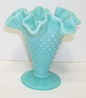 Vintage Fenton Hobnail Turquoise Milk Glass Ruffled Edge Trumpet Vase 4" Tall