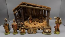 Vintage 50's Italian Nativity Set 10 Pcs Chalkware Ceramic Wooden Stable