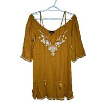 Topshop boho chic embroidered mustard yellow mini dress womens 4-6 cottagecore