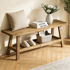 Farmhouse Wood Bench 2-Tier Entryway Bench Narrow Rustic Storage with Open Shelf