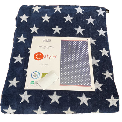 CARO HOME STYLE BEACH TOWEL WHITE BLUE STARS 100% COTTON 36  x 68 NIP