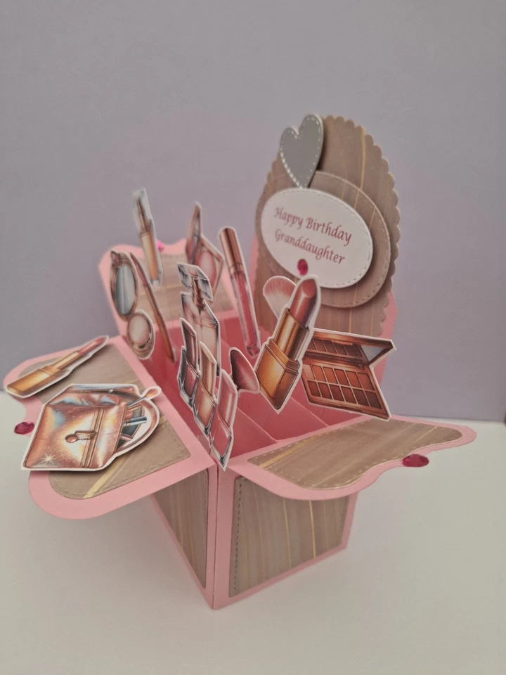Handmade Granddaughter Birthday Card.  Personalised Box pop up Make Up design. - Image 4 of 4