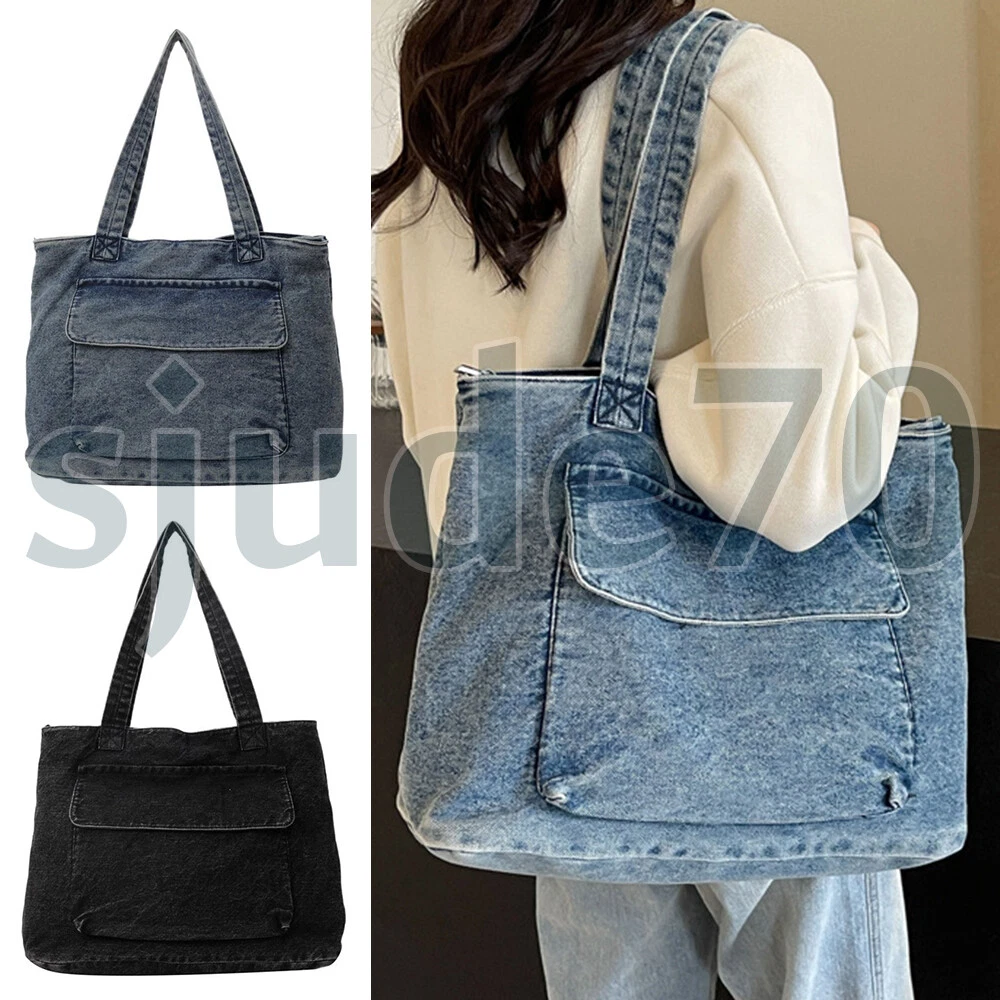 Women's Retro Denim Tote Bag Large Capacity Shoulder Handbag