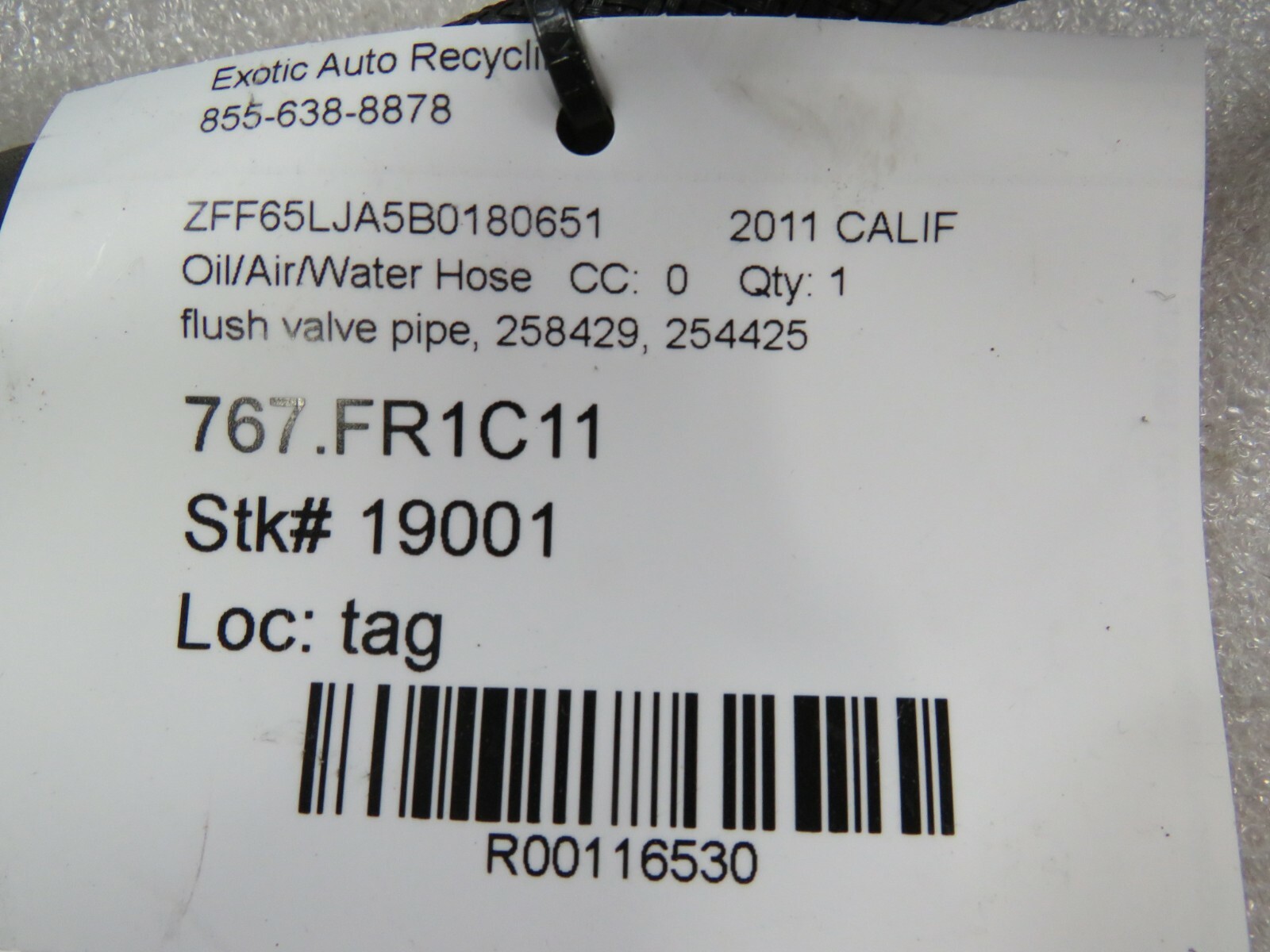 Ferrari California, Flush Valve Pipe w/ Valve, Used, P/N 258429, 254425