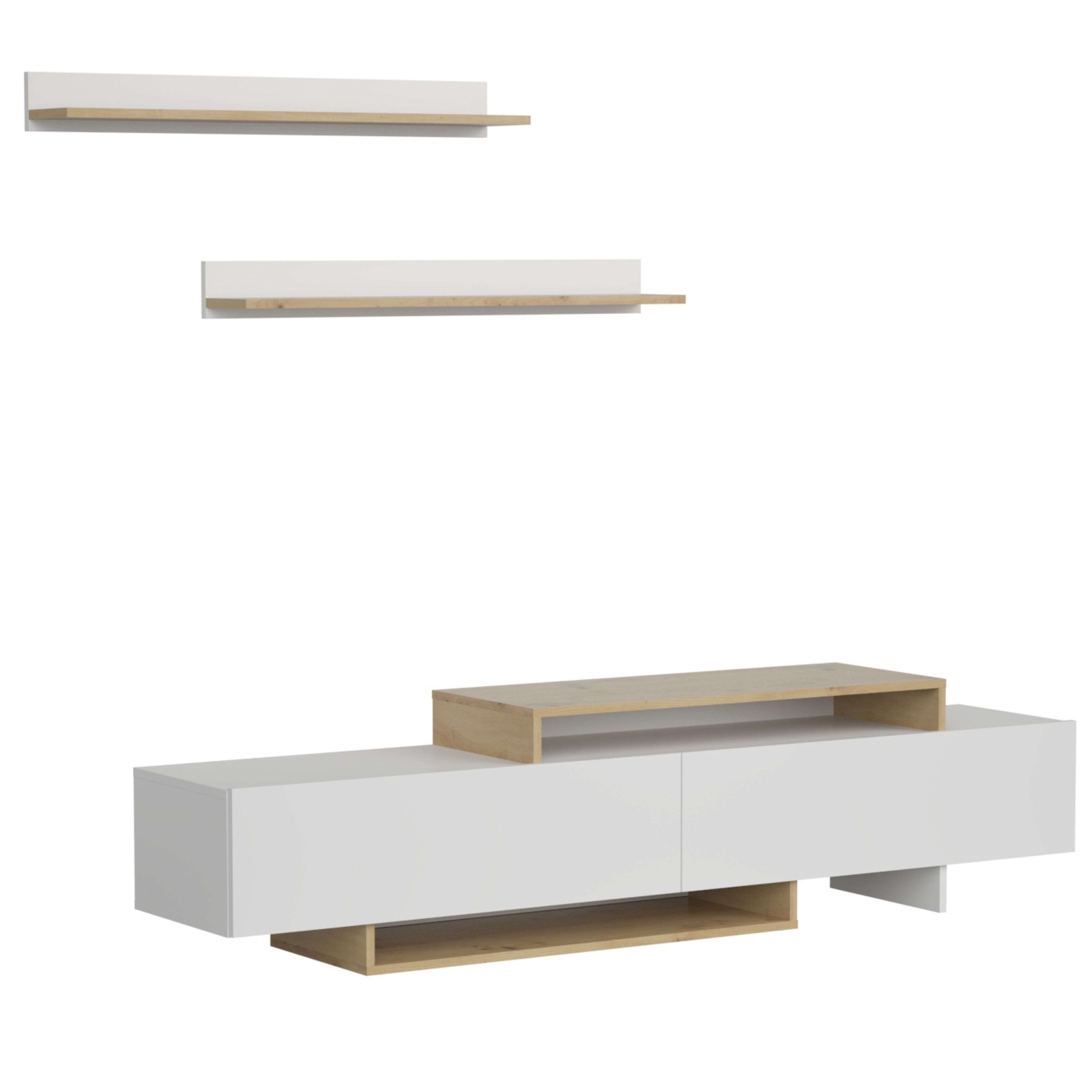 Mueble Salón Opole TV 2 Puertas, 2 Estantes, Moderno Blanco y Roble Claro 180cm
