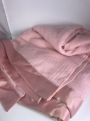 Vintage Faribo Wool Blend Blanket Satin Trim Faribault RARE Pink 70 X 94 USA