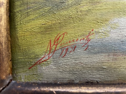 ANTICO PICCOLO DIPINTO OLIO N. Laurenti PAESAGGIO PIANURA SENTIERO SELVA 1931 - Foto 3 di 15
