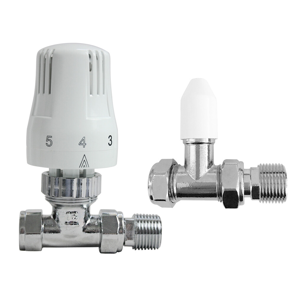 Designer Radiator 15mm Thermostatic Manual White Straight Valve Pack