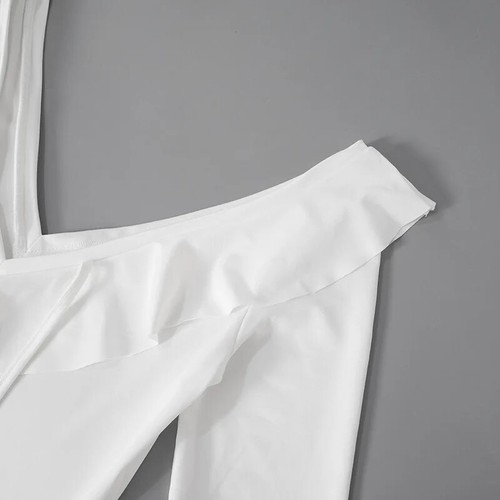 Minikleid Rüschen Schnürung weiß V-Ausschnitt Patchwork Langarm sexy schmal Kleid - Bild 17 von 27