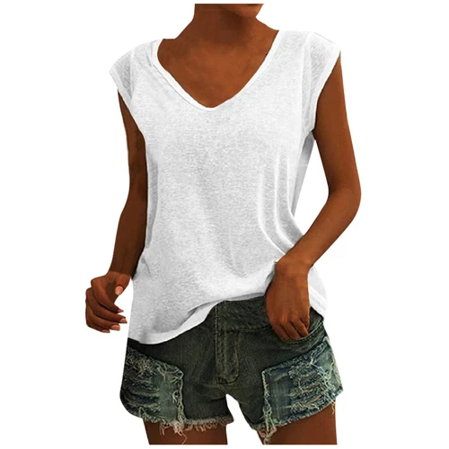 Women's V-Neck T-Shirt Casual Cap Sleeve Vest Solid Loose Blouse Fit Tank Tops - Picture 35 of 42