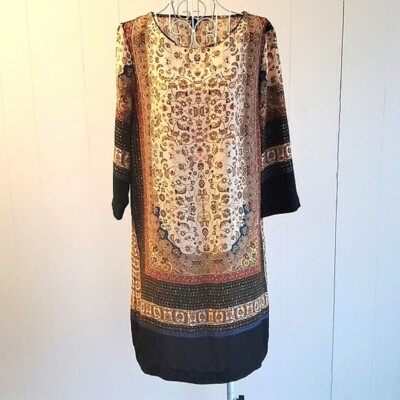 Mango MNG Collection Women's 3/4 Sleeve Printed Dress Tan Black Sz 6