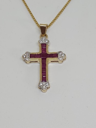Vintage 14k Yellow Gold Natural Ruby And Diamond Cross 17 Inch Box Chain - Picture 6 of 15