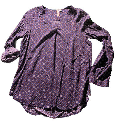 Brina & Em Shirt Womens MED Roll Tab Blue Burgundy Diamond Floral Print V Neck