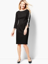 Talbots Black Ponte Knit Dress Ivory Trim Bows 14