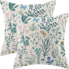 Spring Pillow Covers 18x18 Inch Set of 2,Blue Teal Wild Flower Plant Throw Pillo