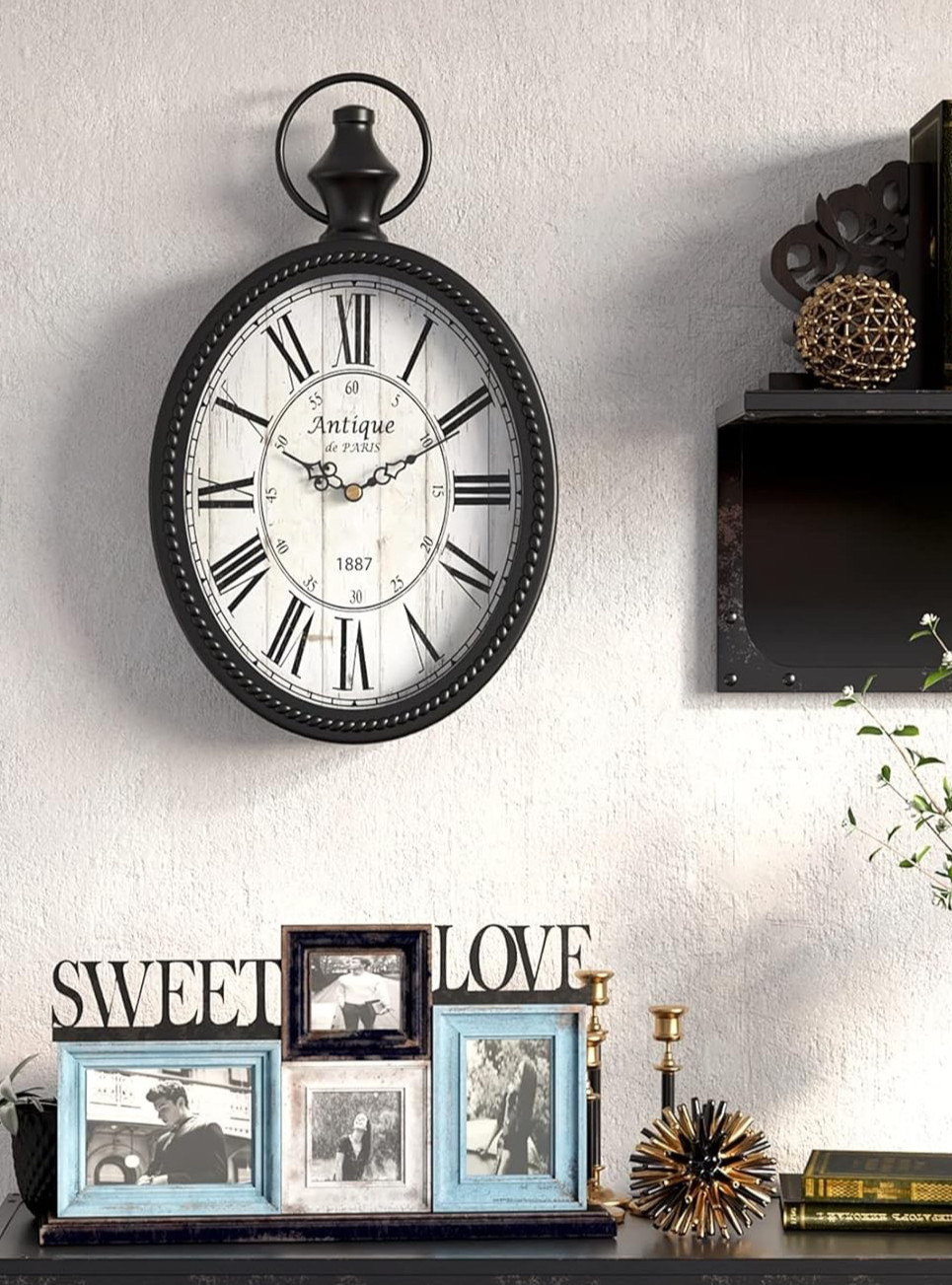 Black Farmhouse Wall Clock 11.2"H Oval Antique Old Style Country Home Art Decor