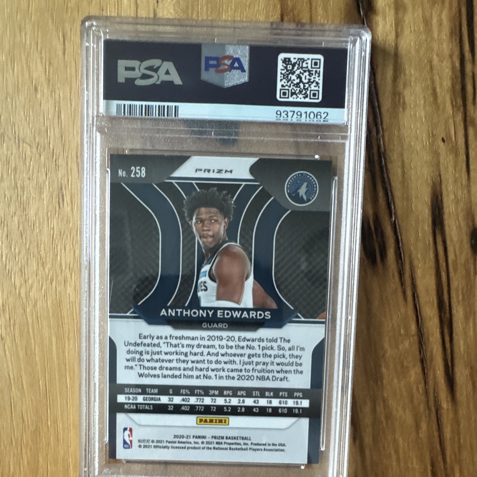 Panini 2020-21 Prizm Anthony Edwards RC Fast Break Prizm #258 PSA 9 Wolves view 2