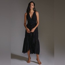 Maeve black eyelet wrap midi dress tiered Flowy little black dress size