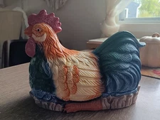 90s Cracker Barrel Rooster/Chicken Butter Dish Multicolor (2 pcs)-8" L