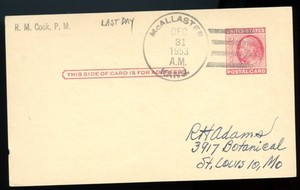 McAllaster, Kansas 1953 Last Day Of Post Office - R.M. Cook Postmaster