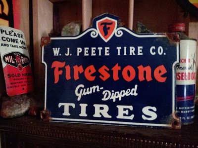Firestone ヴィンテージ看板 50s〜60sアメリカ製 VINTAGE FIRESTONE PORCELAIN SIGN OLD GUM DIPPED RUBBER TIRES CAR