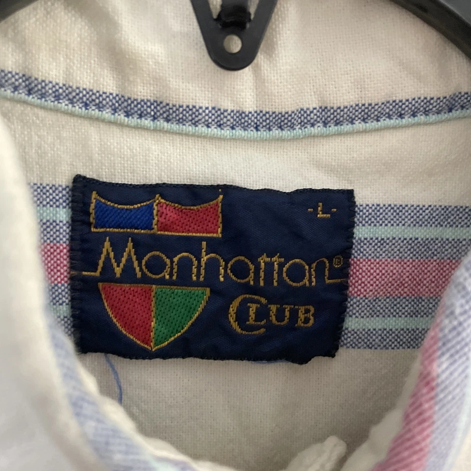 Camisa con botones Manhattan Club para hombre a rayas blancas algodón grande de colección cuello años 90 Foto 2 de 4