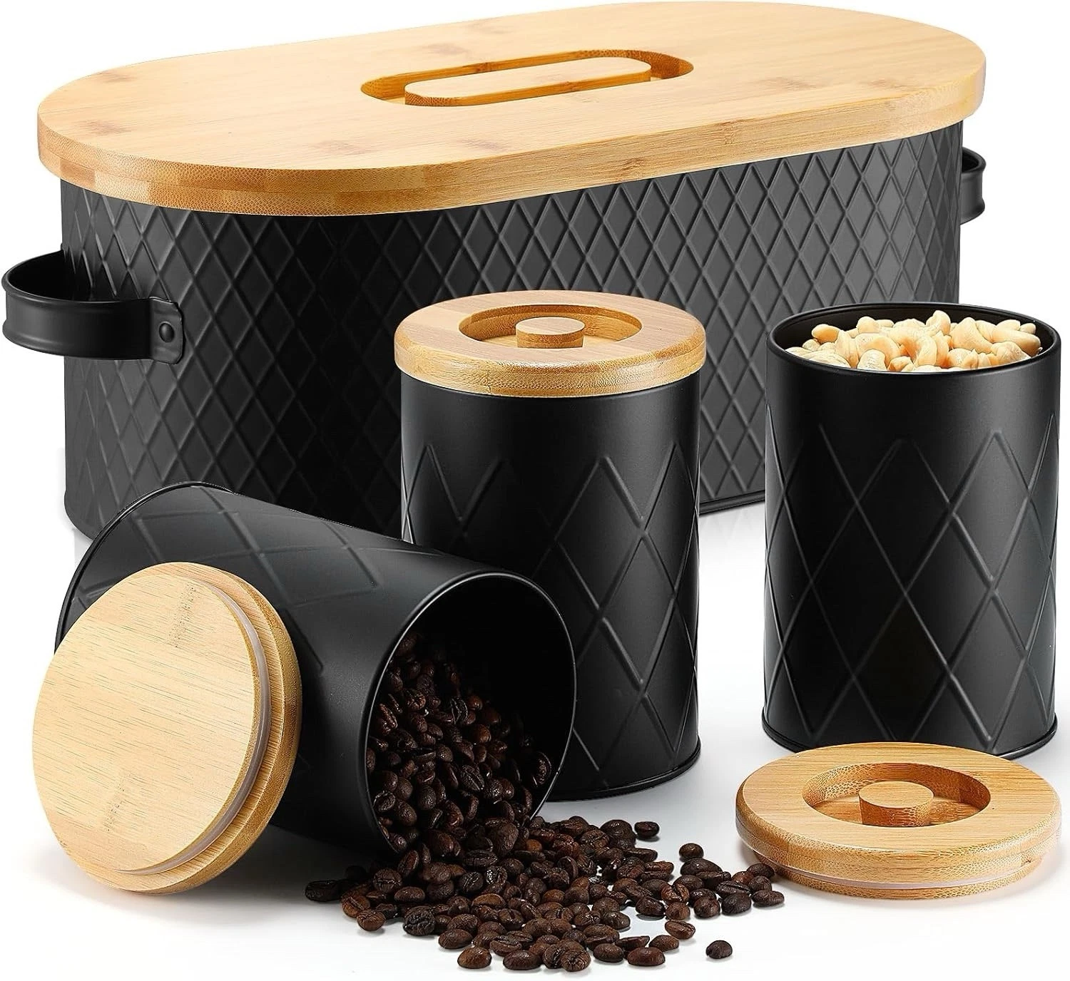 Bread Box + 3 Canisters, Bamboo Lid, Black Metal Kitchen Set