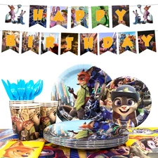 Zootopia Birthday Tableware,128Pcs Zootopia Party Tableware Plates Tablecloth