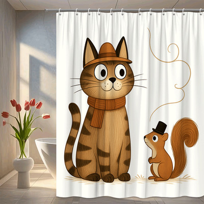 Cute Cat and Squirrel Shower Curtain - Fun Animal Design