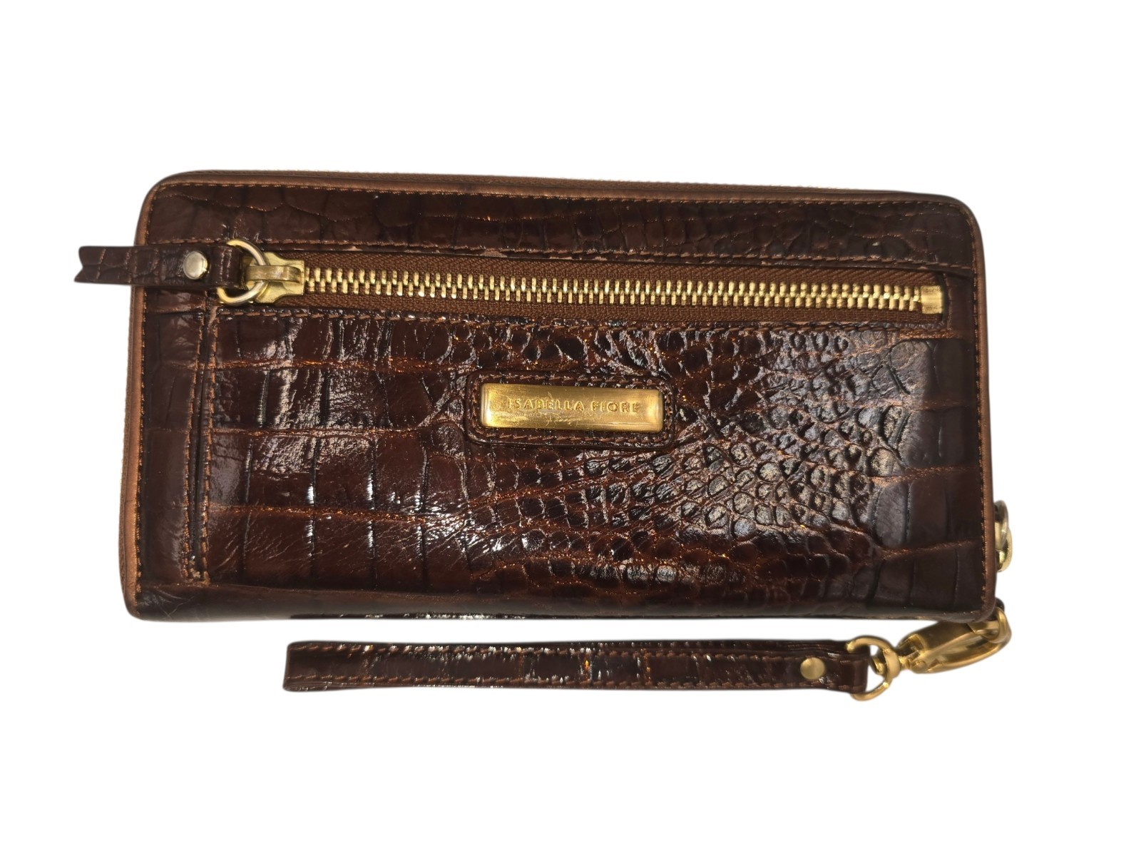 Isabella Fiore Brown Croc Embossed Leather Zip Around Continental Wallet Wrist